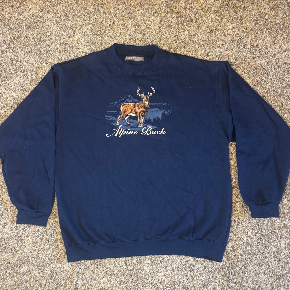 Headwaters Alpine Buck Deer Graphic Crewneck Sweatshirt Navy Blue Mens XL